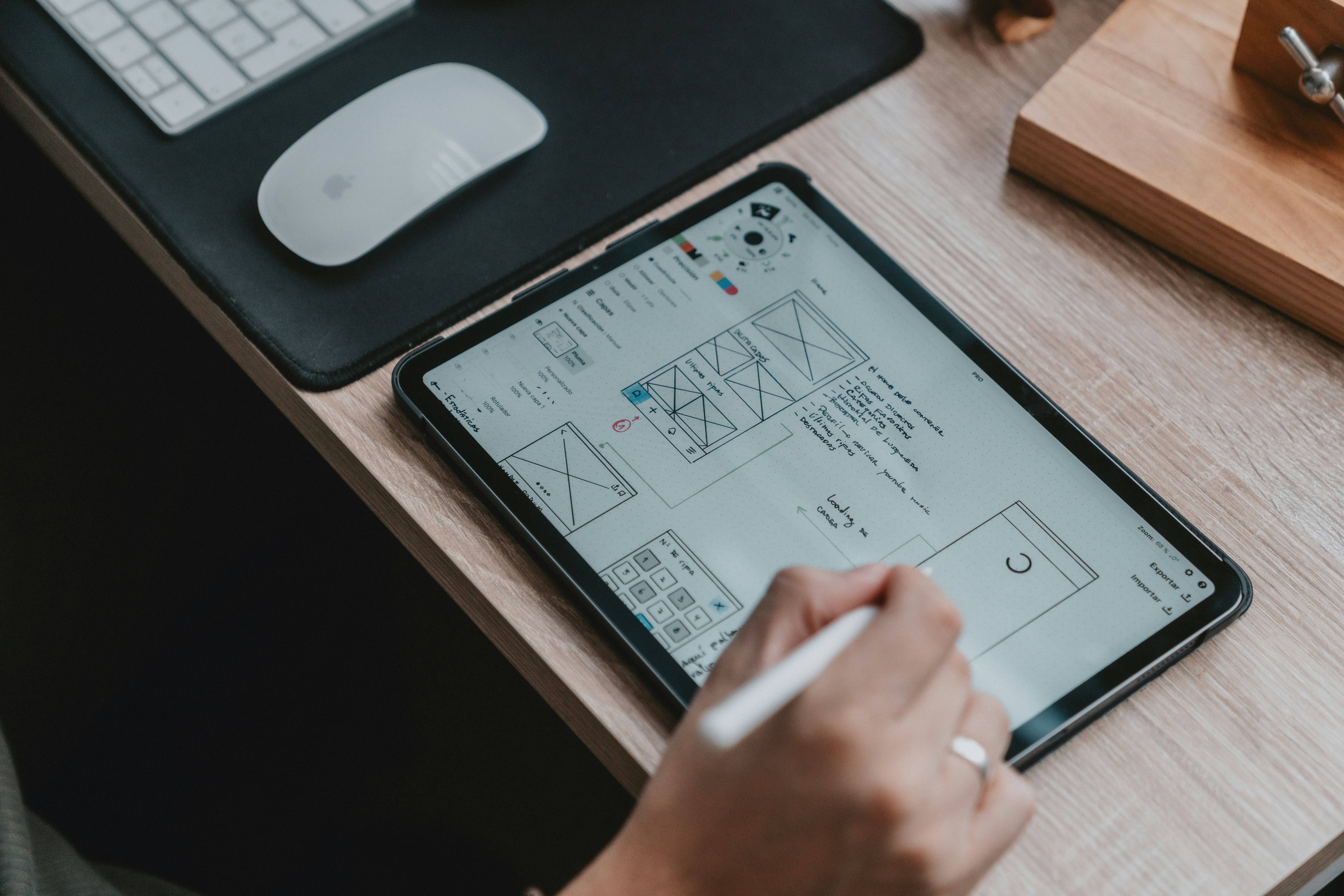 Tablet with wireframe and hand sketching interface – app prototyping phase